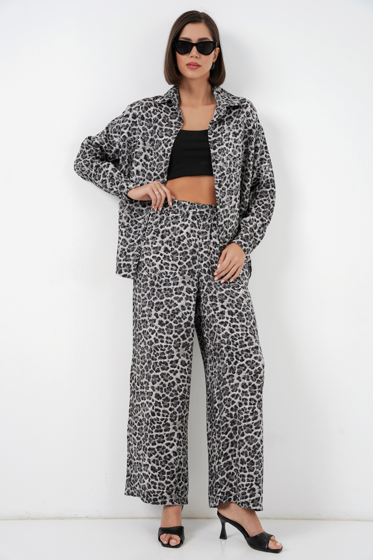 Bigdart 6699 Leopard Printed Piece Top and Bottom Set - Anthracite