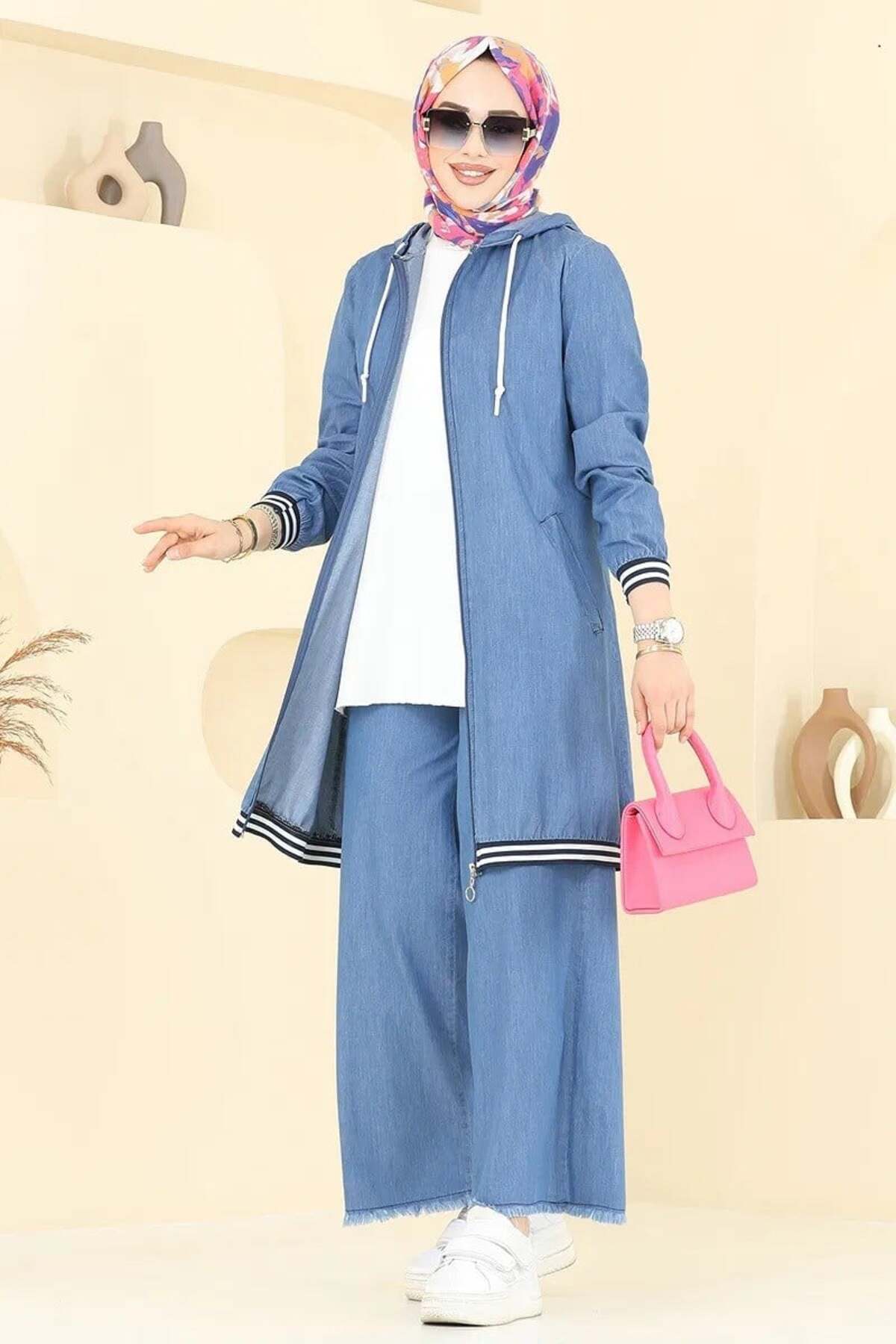 Rabia Zülal  Kapşonlu Ribanalı Kot Kumaş Tesettür Alt Üst takım Mavi
