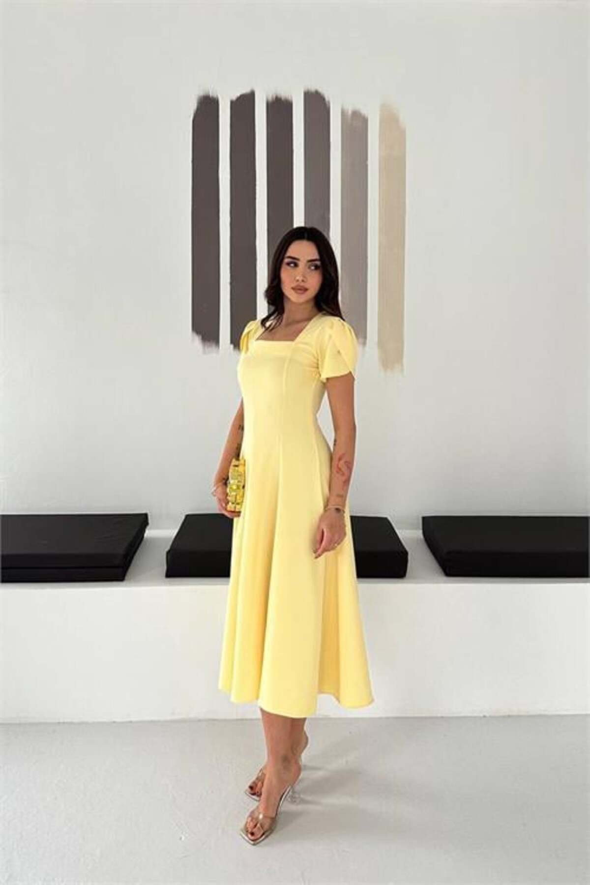 Women's yellow square neck balloon sleeve midi dress DPK4550