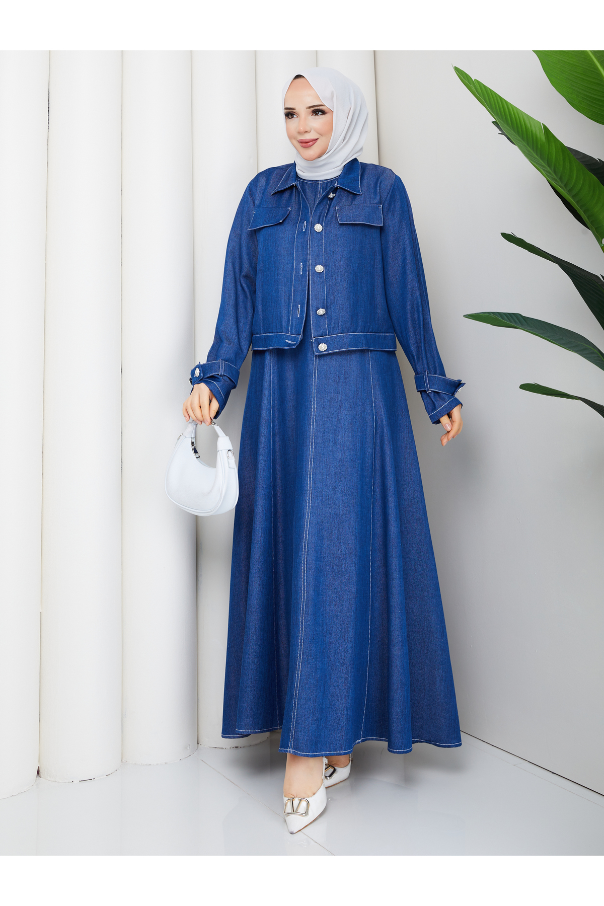 Contrast Stitched Denim Jeans Jacket & Gilet Modest Suit RC6034