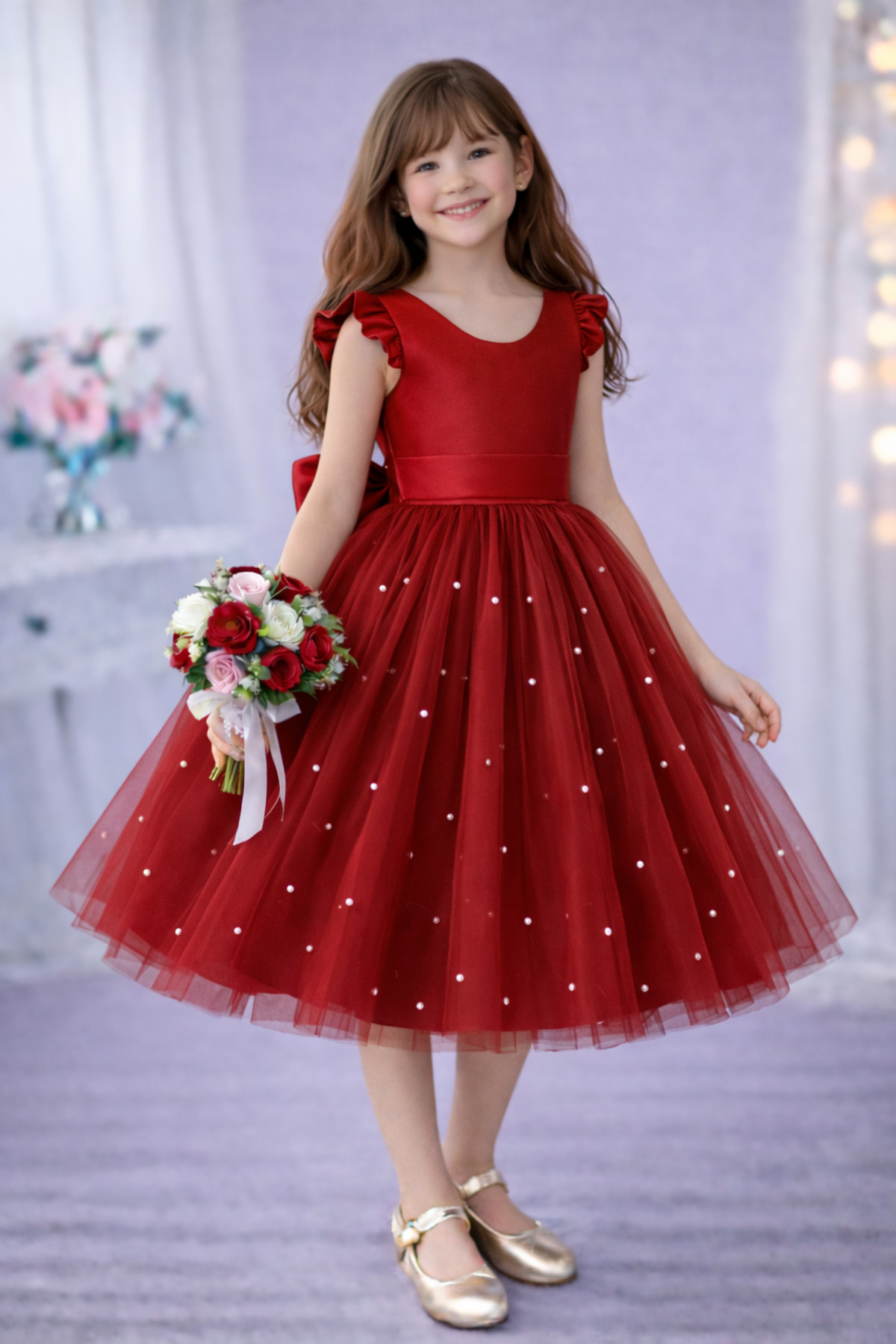 Girls Red Ruffle Sleeve Pearl Dress Graduation Birthday Special Day Evening Dress