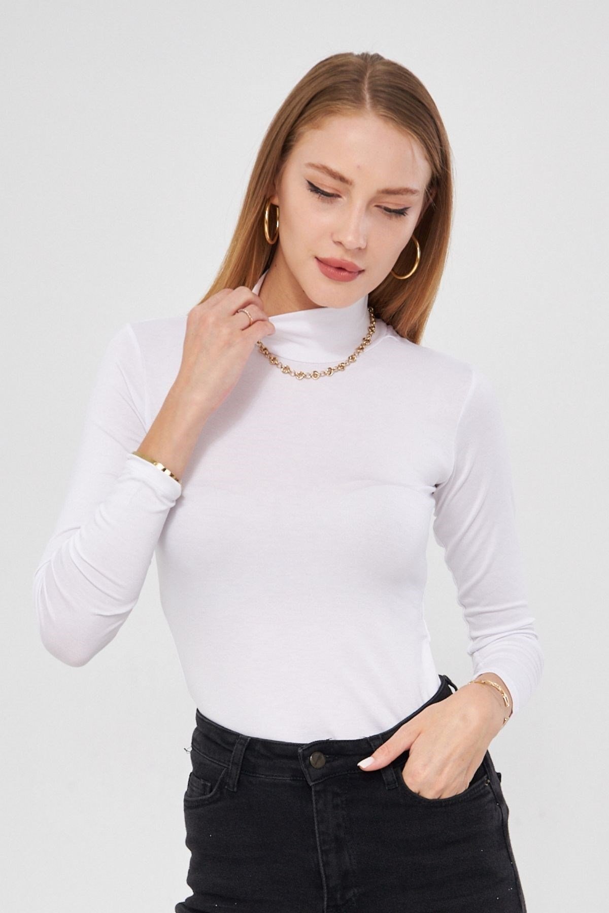Turtleneck Long Sleeve Waistband Viscose Lycra Body 123 White