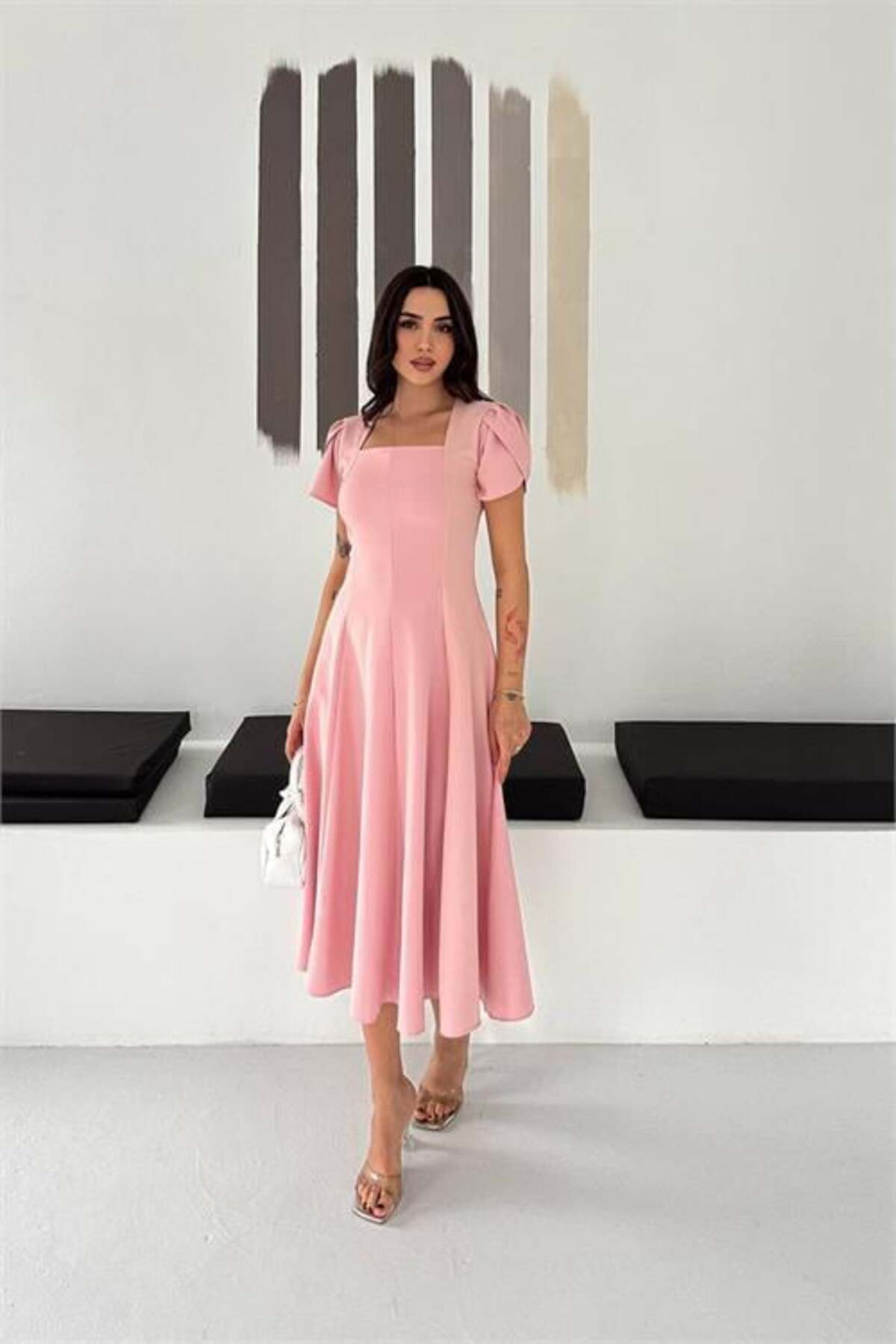 Women's pink square neck balloon sleeve midi dress DPK4550