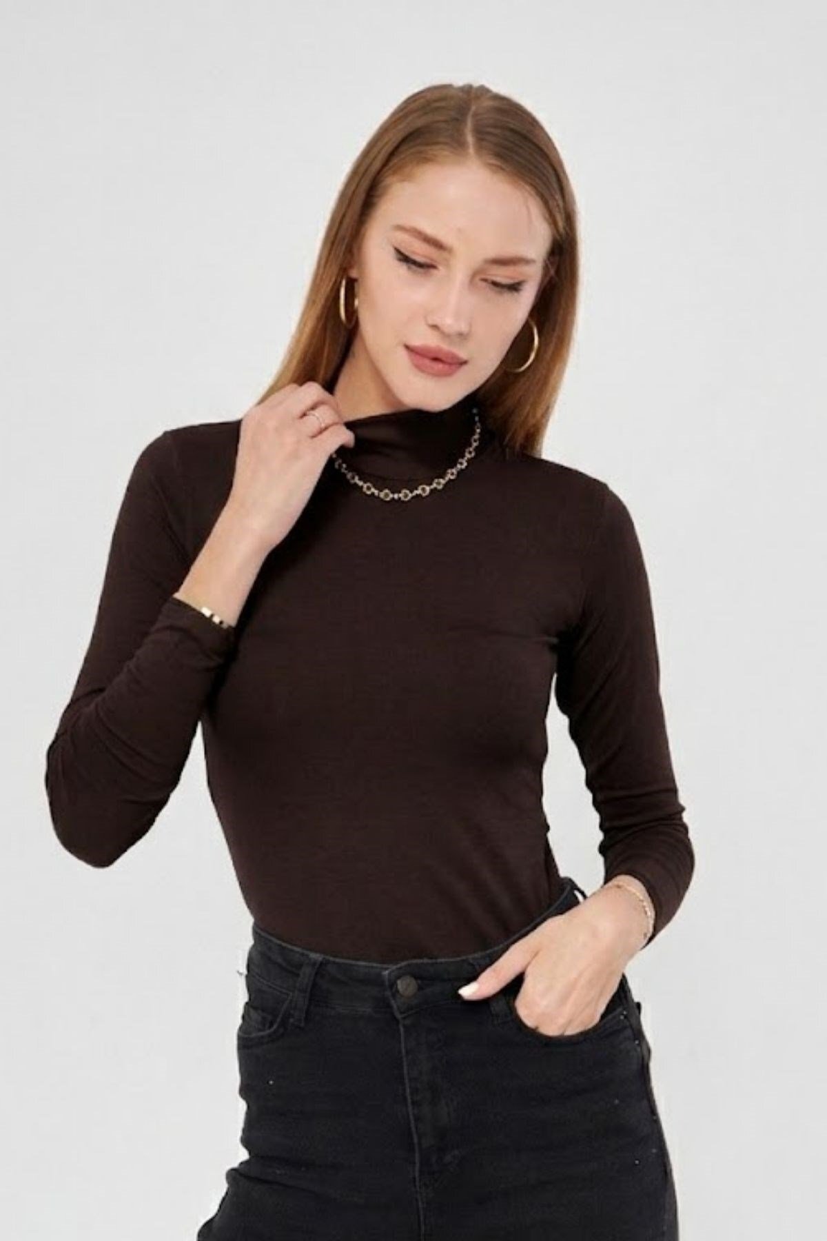 Turtleneck Long Sleeve Waistband Viscose Lycra Body 123 Brown