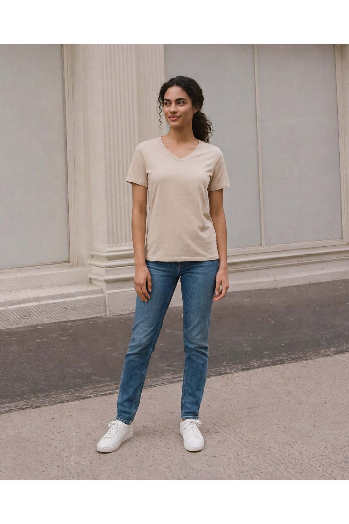 REDTAG Women Cream Short Sleeve V-Neck T-Shirt