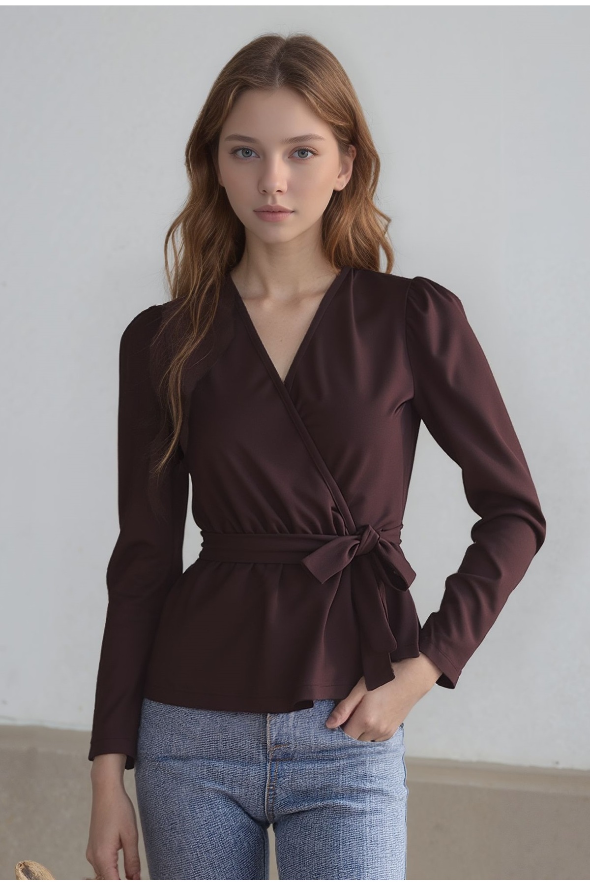 DEVRİMAY TEKSTİL Brown Double-Breasted V-Neck Long Sleeve Belted Stretch Fabric Crepe Blouse