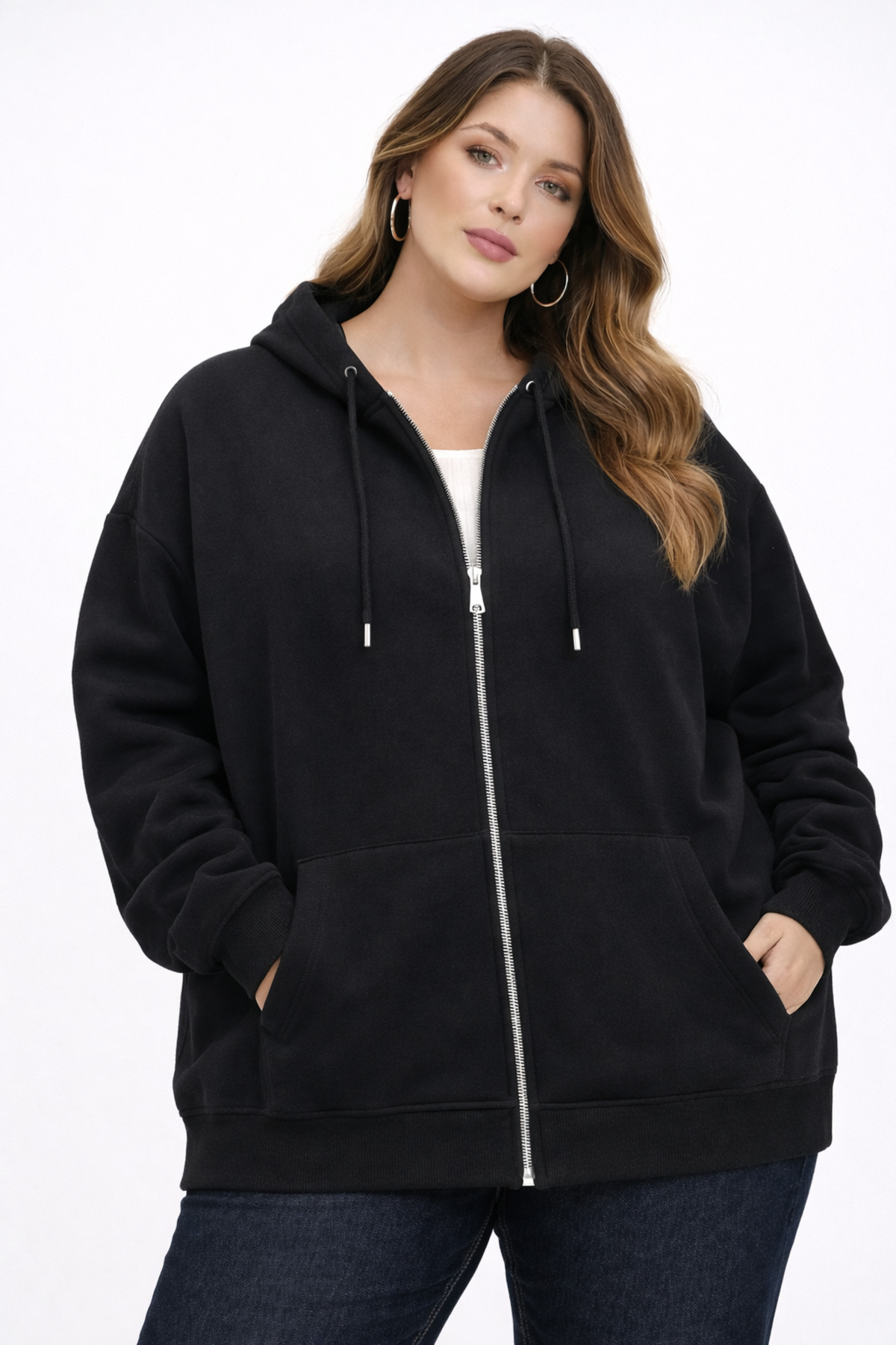 ULKER AYDIN 3 İplik Şardonsuz Oversize Battal Beden Pamuklu Fermuarlı Kapüşonlu Basic Sweatshirt