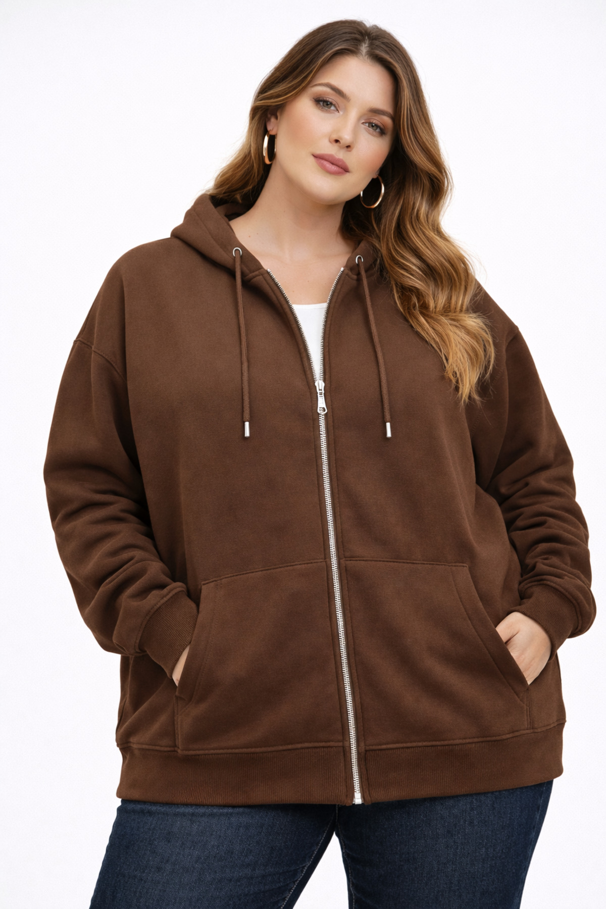ULKER AYDIN 3 İplik Şardonsuz Oversize Battal Beden Pamuklu Fermuarlı Kapüşonlu Basic Sweatshirt