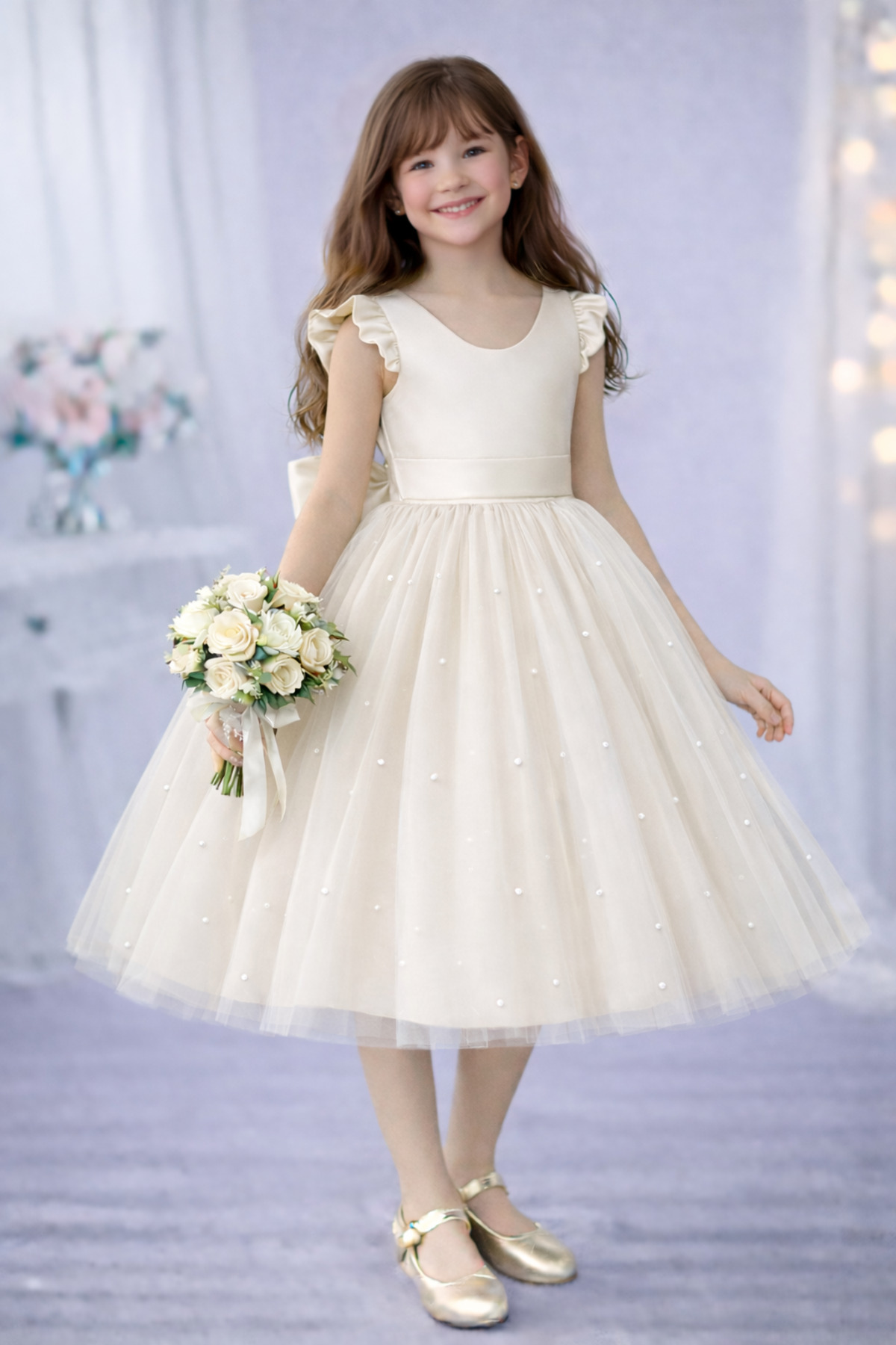 Girls Ecru Ruffle Sleeve Pearl Dress Graduation Birthday Special Day Evening Dress