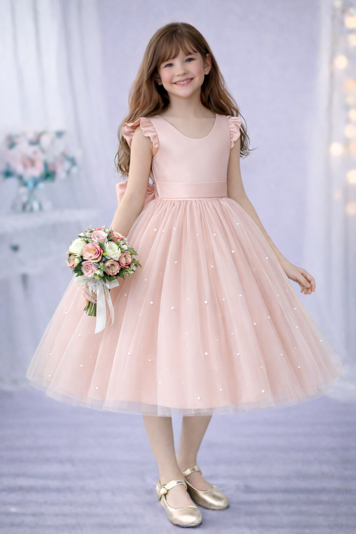 Girls Powder Pink Ruffle Sleeve Pearl Dress Graduation Birthday Special Day Evening Dress