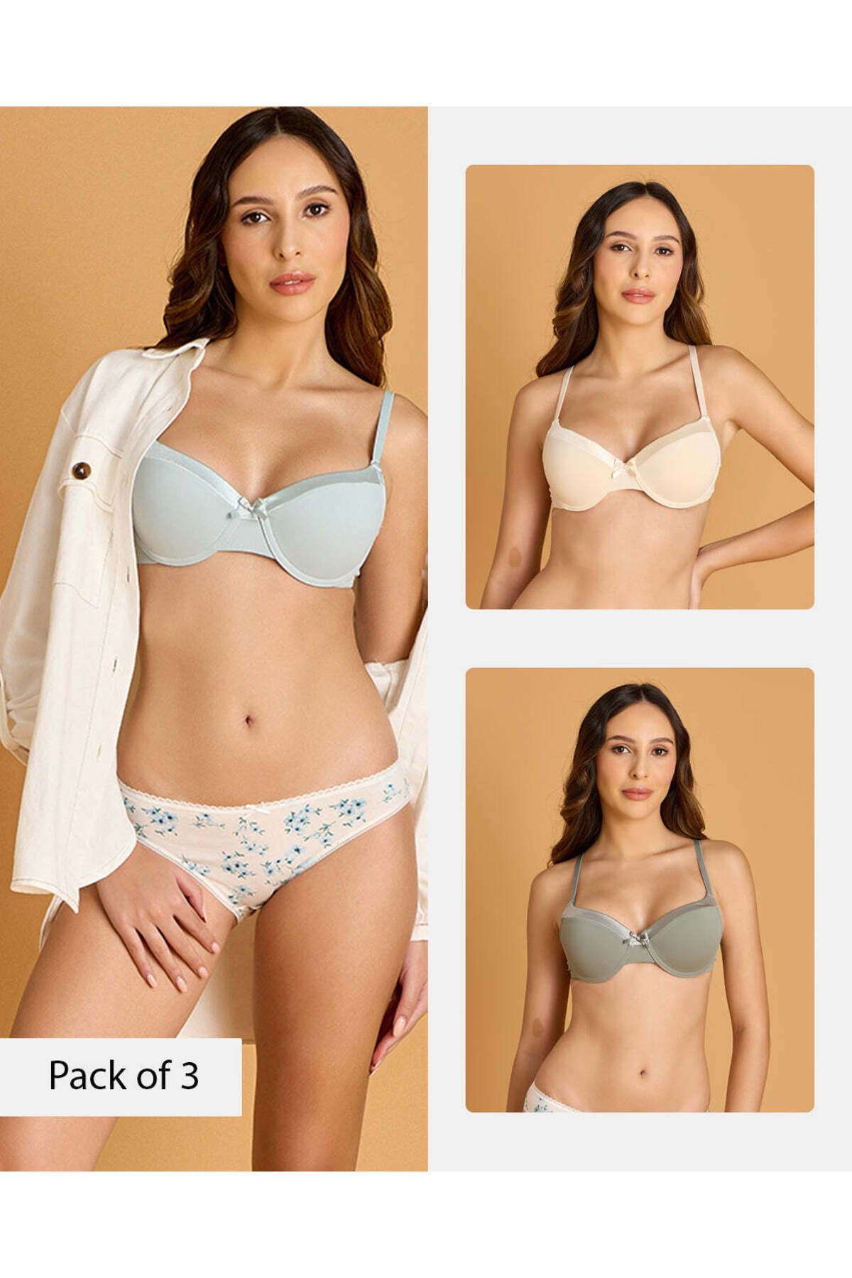 REDTAG Women Assorted 3-Pack Plunge Bras with Shiny Tape