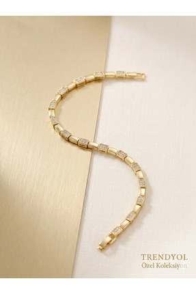 Zihintaşı Atölyesi Altın Kaplama Zirkon Taşlı Dikdörtgen Form Çelik Bileklik
