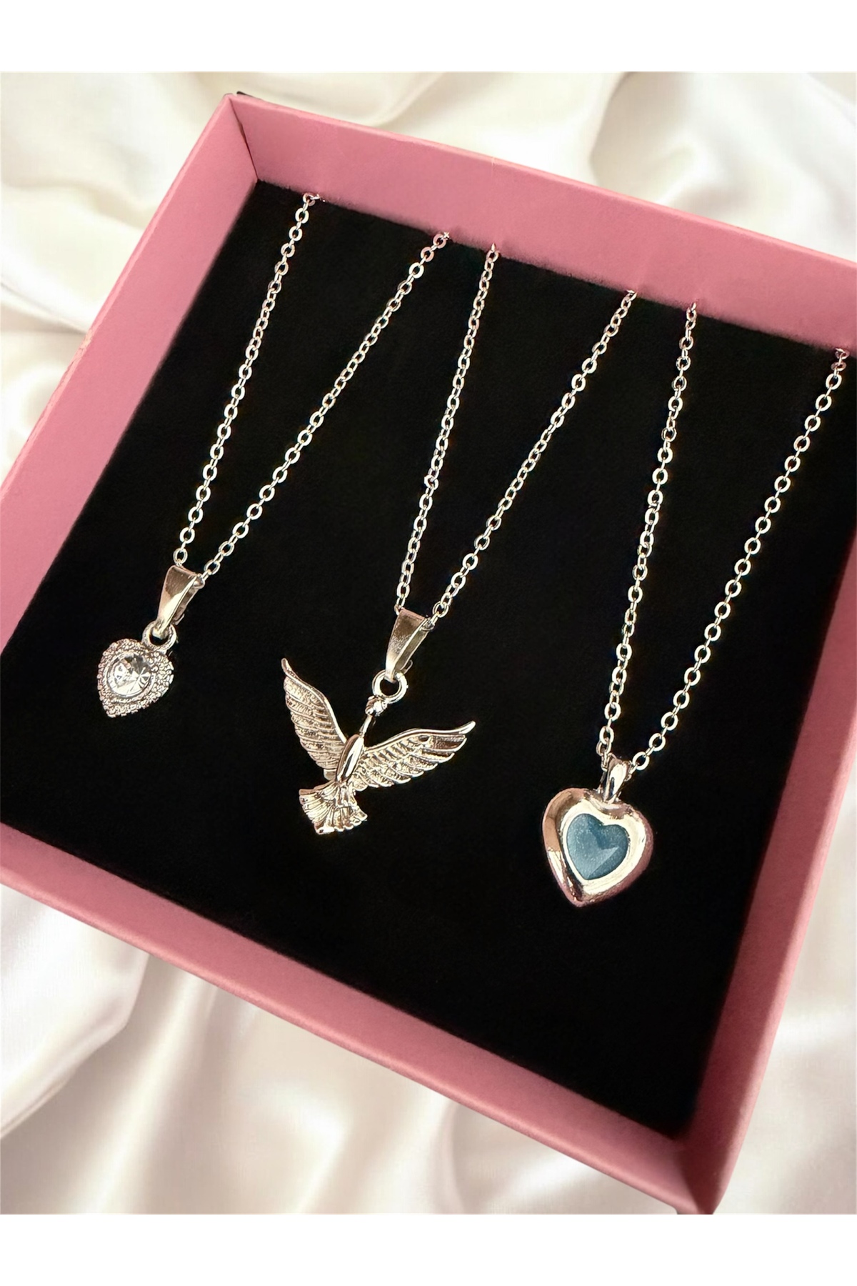 Silver Color 3-Piece Phoenix Blue White Heart Combination Set Necklace