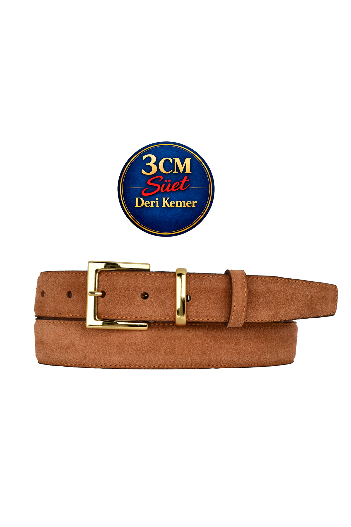 Genuine Leather, 3cm Gold Set Buckle, Cinnamon Suede, Stitched Classic Women's Belt, 3cmkla47