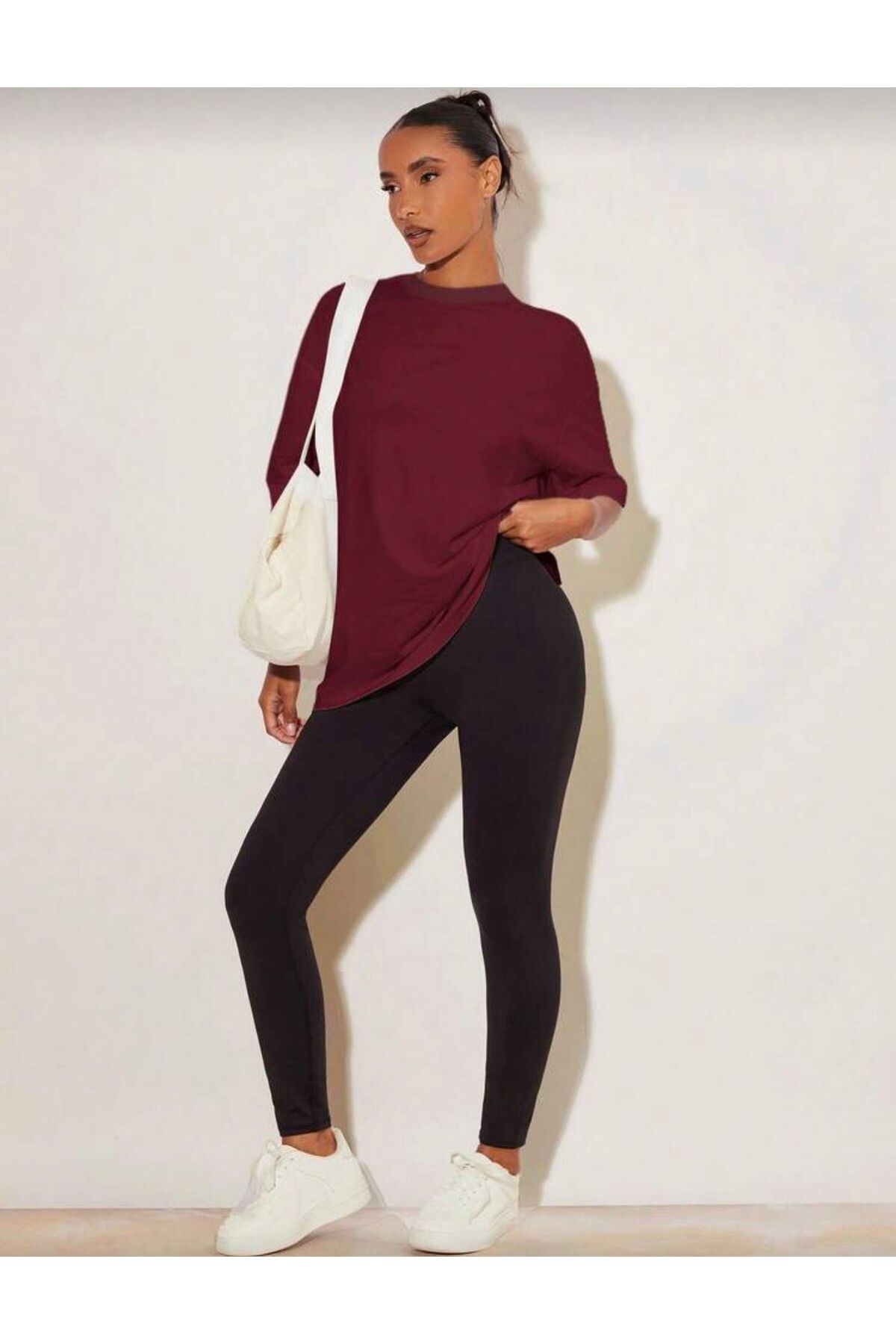 trendgar Kadın Düz Bordo Oversize Tişort görsel 4