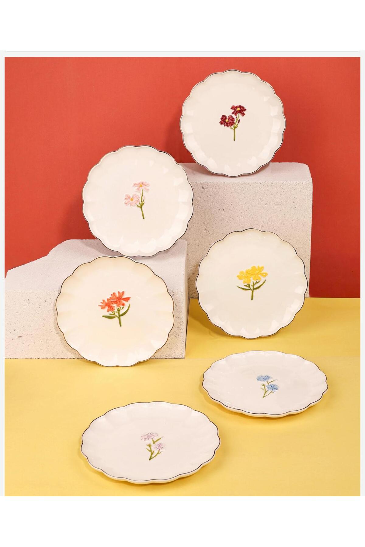 6'lı Kabartmalı Çiçek Manzarası Porselen Pasta Tabağı Seti