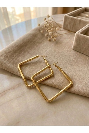 shesra Mengüer VIP Seri 14 Ayar Altın Kaplama Kare Form Gold Halka Küpe (30mm)