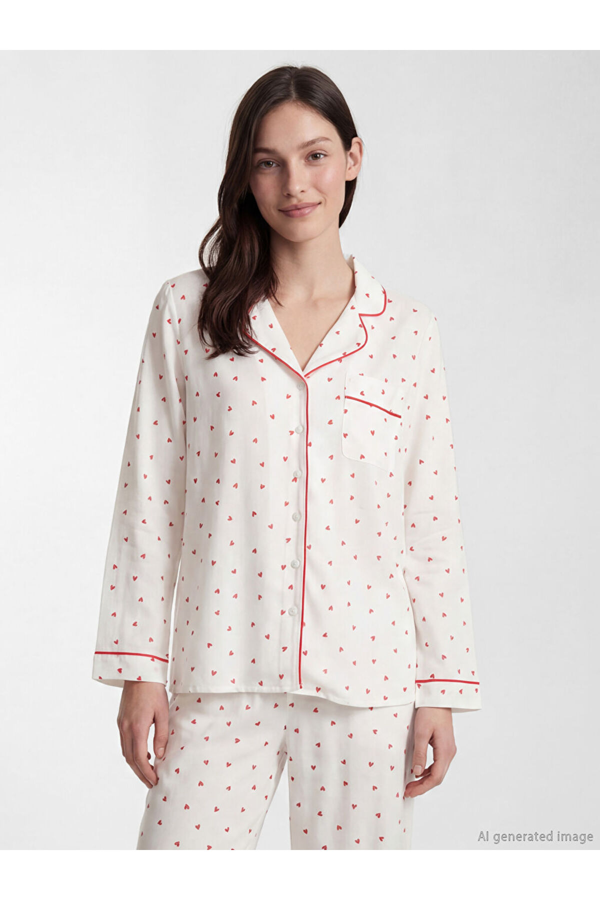 LC Waikiki Lcw Dream Ecru Shirt Collar Heart Patterned Women's Pajama Set