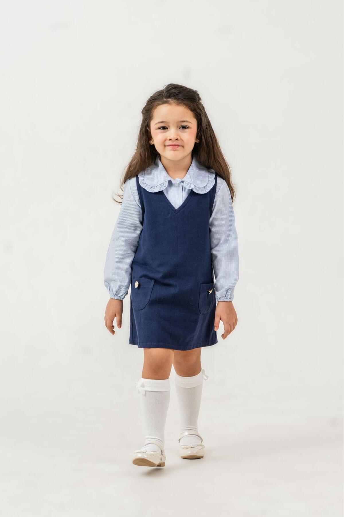 Minoviababykids Kız Çocuk Pötikare Gömlekli Jile Elbise Takım Fırfır Yaka Cepli fotoğrafı 3 (önizleme)