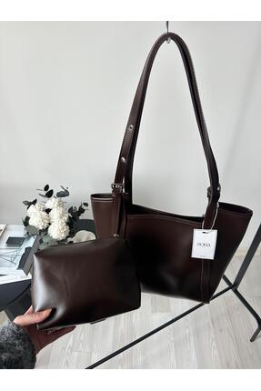sora bags Kahverengi Velora Tote Omuz Çantası – Makyaj Çantalı Set