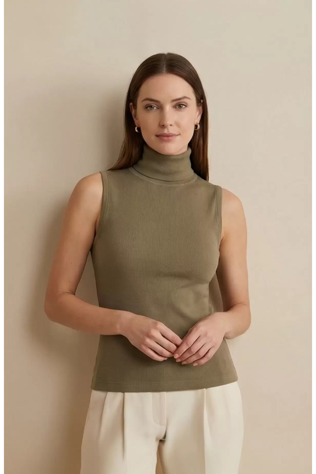 R ROCKBLACK Kadın Haki Yeşili Kolsuz Balıkçı Yaka Basic Bluz