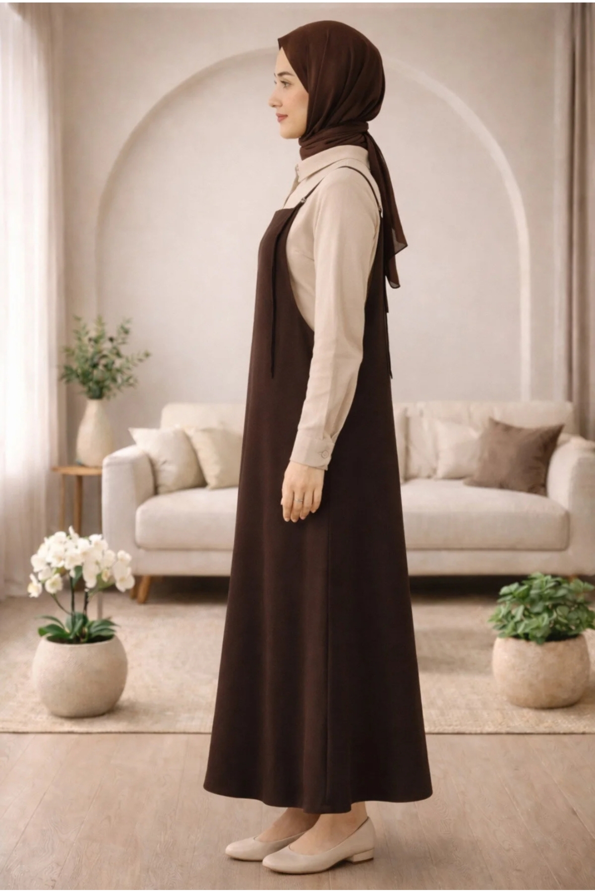 SafaButik  Kadın Acı Kahverengi Ayarlanabilir İp Askılı Jile Elbise - Görsel 3