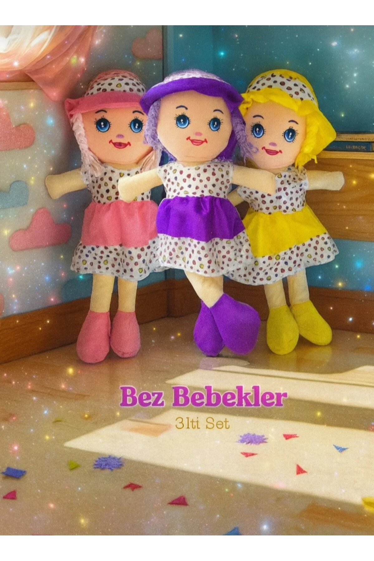 Fatih Oyuncak Bez Bebek Nanaa 3'lü set gönderilecek 50cm Pembe-Sarı-mor renk fotoğrafı 3 (önizleme)