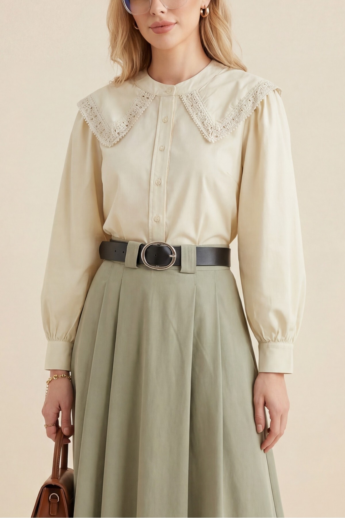 MissRunin  Bebe Yaka Dantel Detaylı Düğmeli Poplin Gömlek