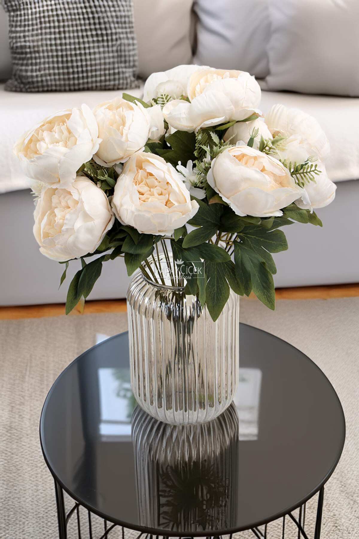 Artificial Flower 7 Branches Garnished Marseille Rose Arrangement 45 cm Cream