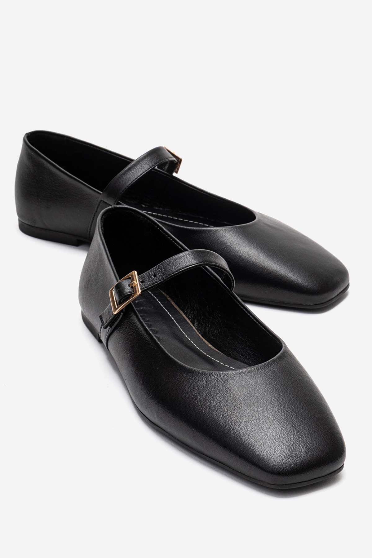 Genuine Leather Women's Black Buckle Flats Marry