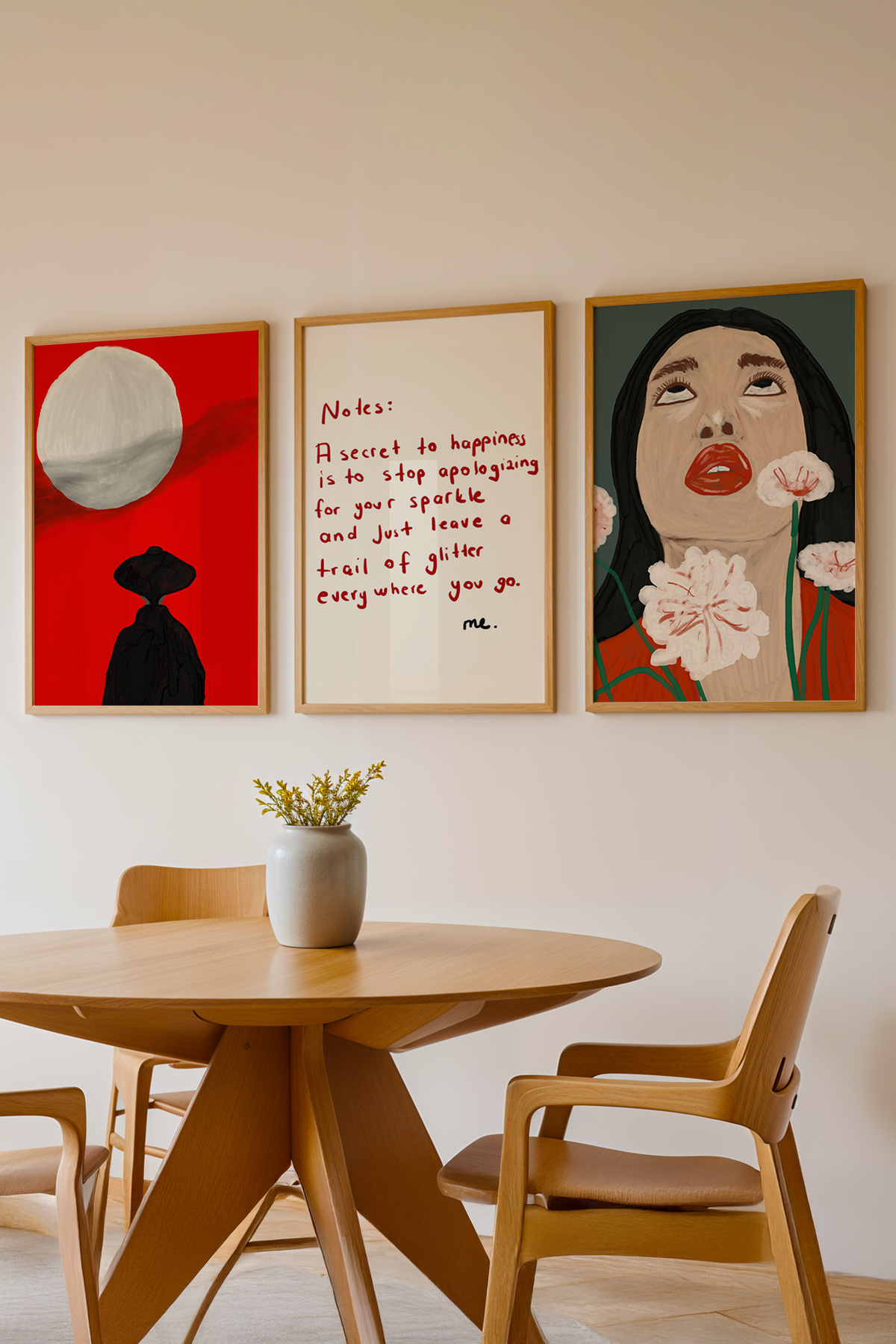 3’lü Modern Tablo Poster Seti Kadın Figürlü Yazılı Salon Duvar Dekoru Çerçevesiz