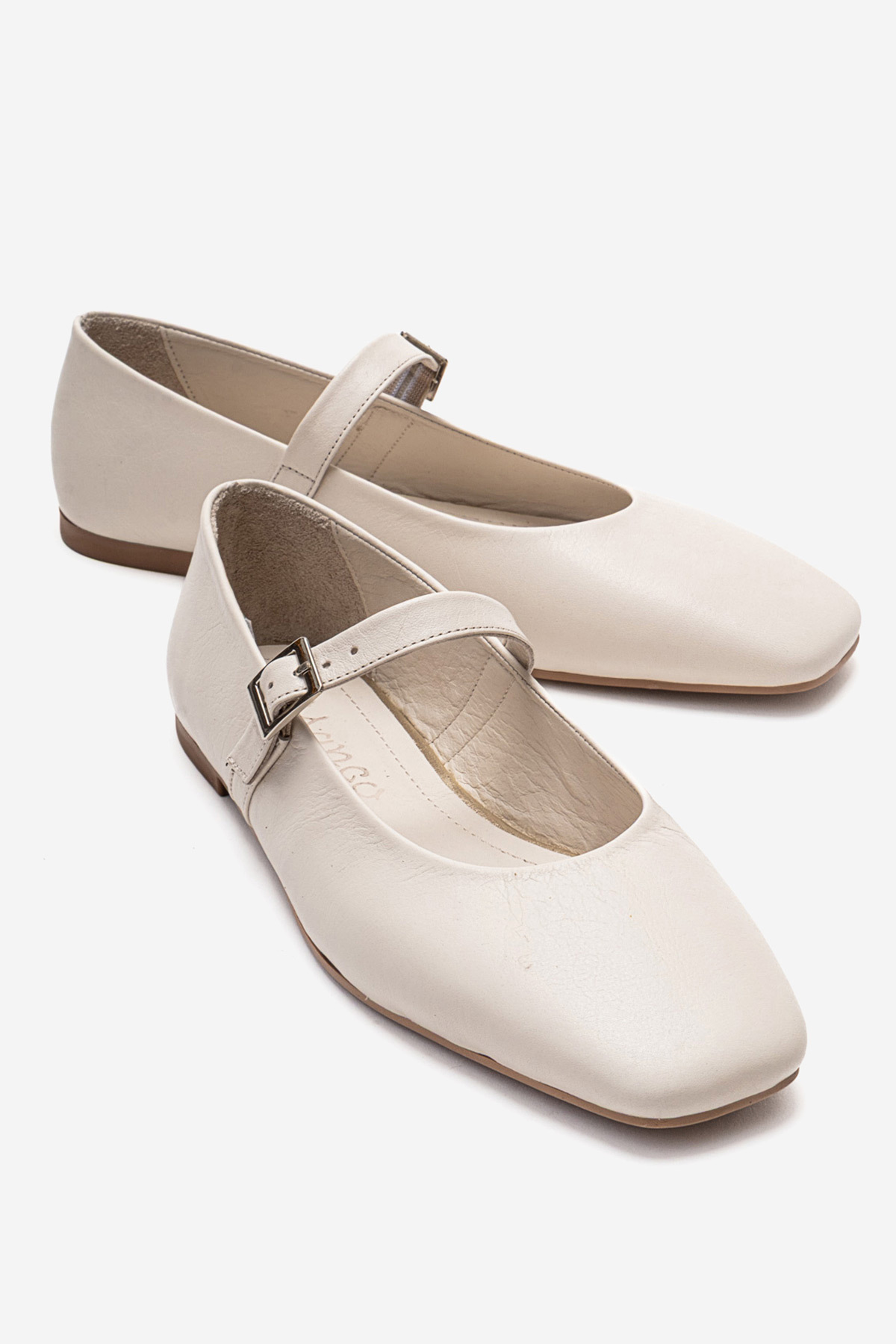 Genuine Leather Women's Crema Buckle Flats Marry Ecru Tone Light Beige