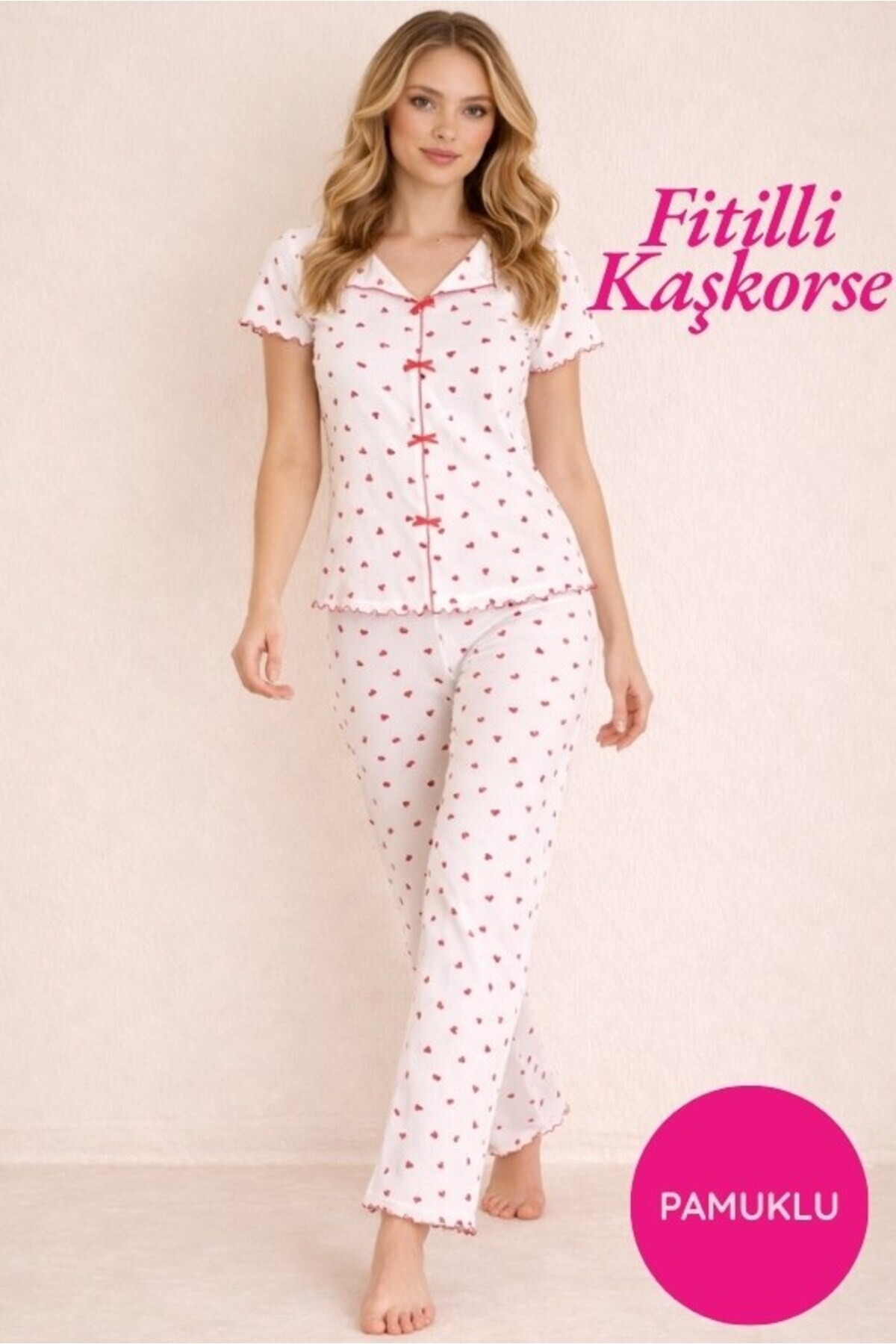 Women's Boat Neck Buttonless Ribbed Camisole Fabric Patterned Bow Detail Cotton Short Sleeve Pajamas Set