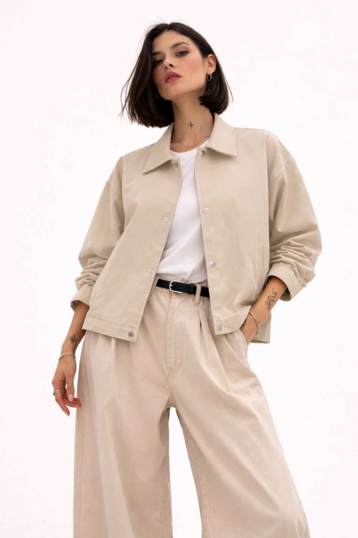 freemen  Kadın Oversize Basic Gabardin Mevsimlik Polo Yaka Taş Ceket