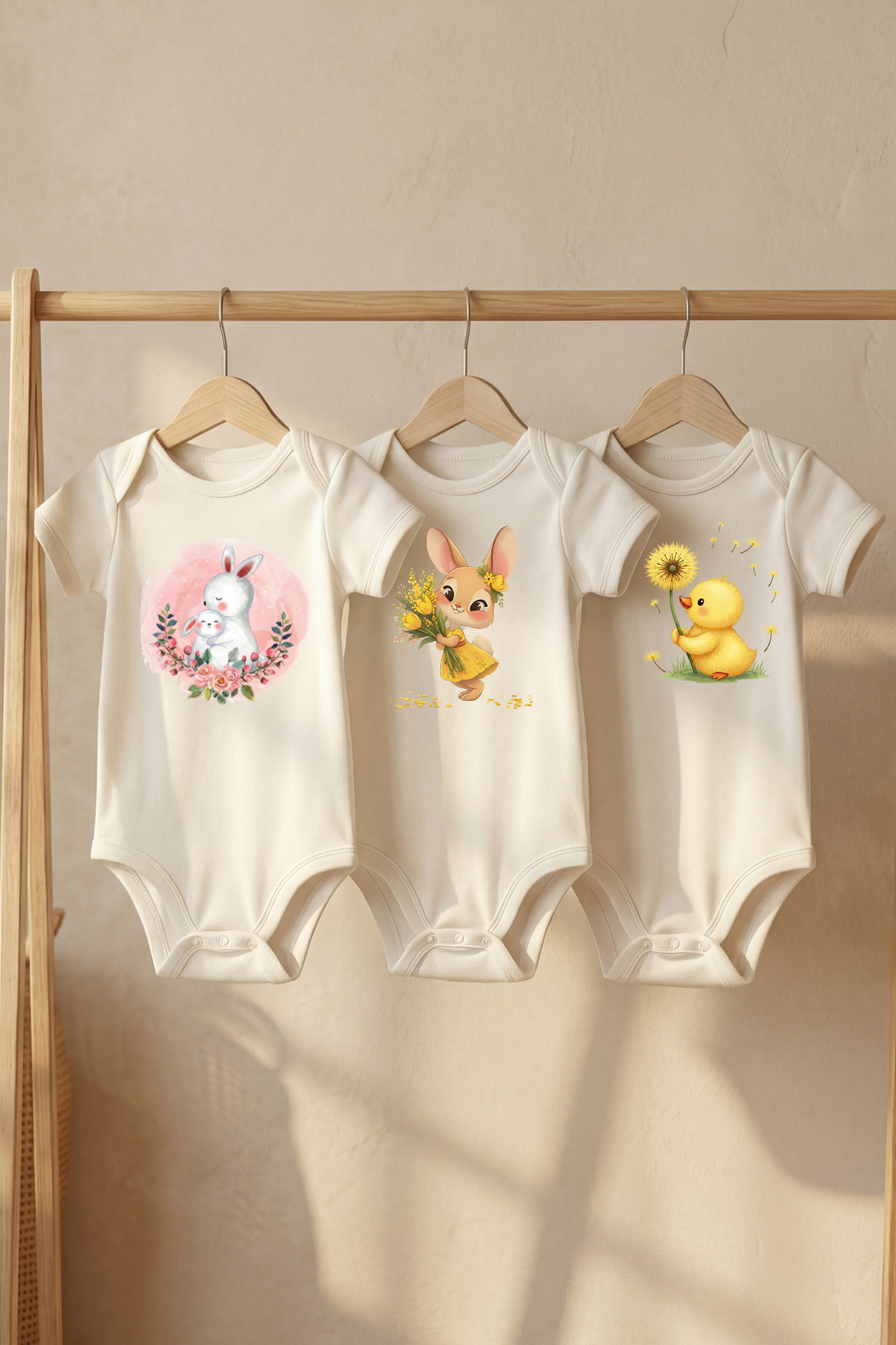 100% Organic Cotton Cute Rabbit And Duck Print Short Sleeve Snap Fastener Baby Bodysuit Bodysuit Snapsuit