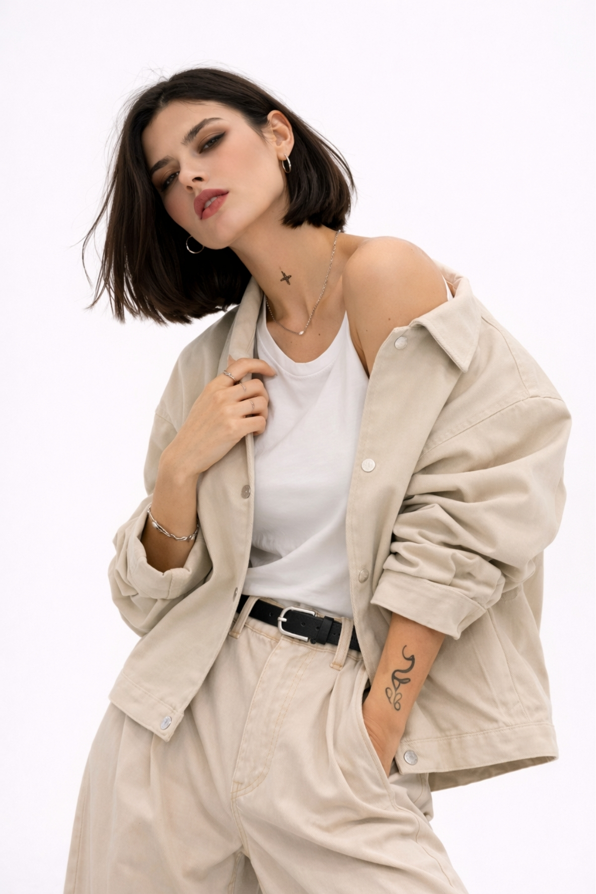 freemen  Kadın Oversize Basic Gabardin Mevsimlik Polo Yaka Taş Ceket - Görsel 6