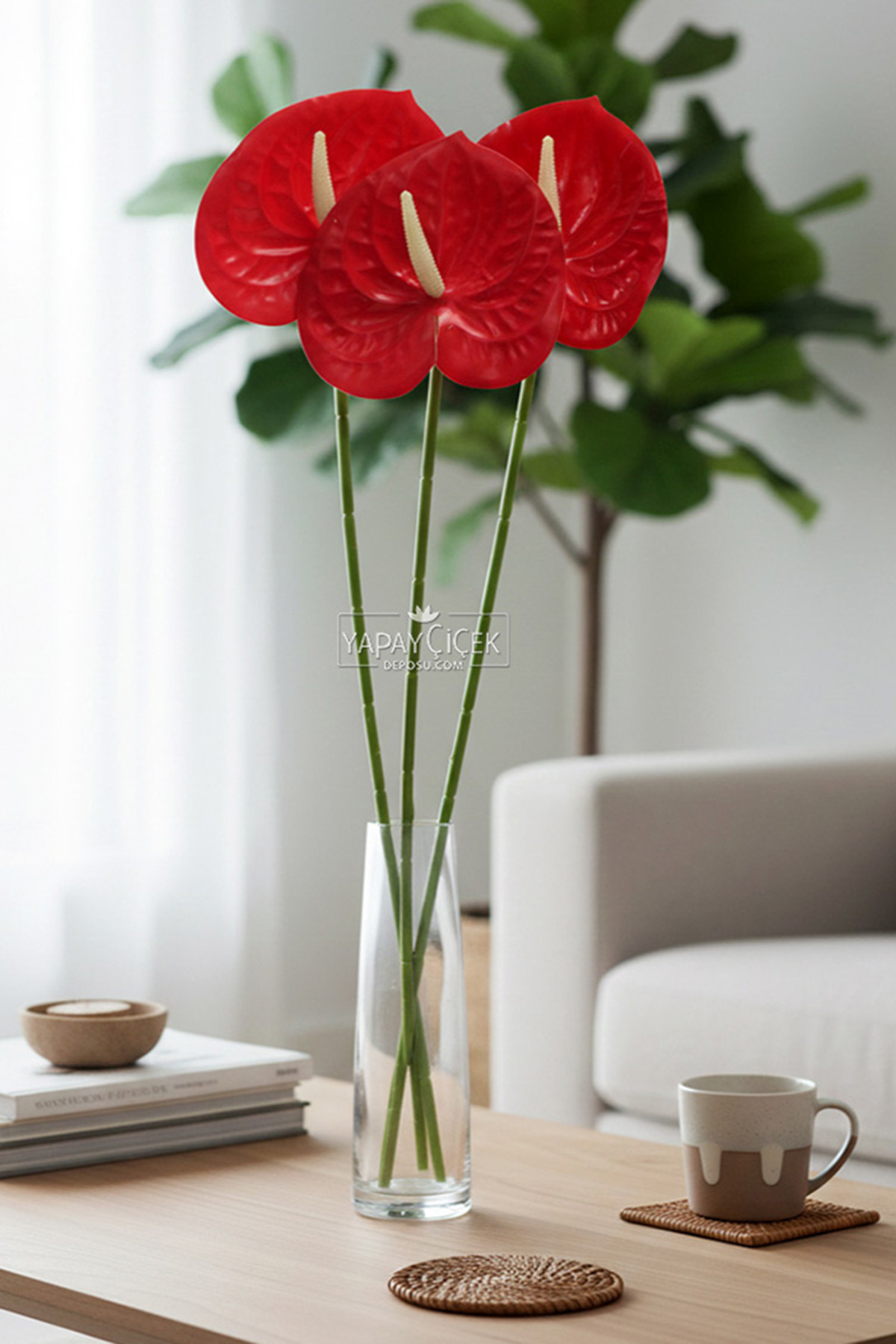 Artificial Wet Single Anthorium Branch 60 cm Red