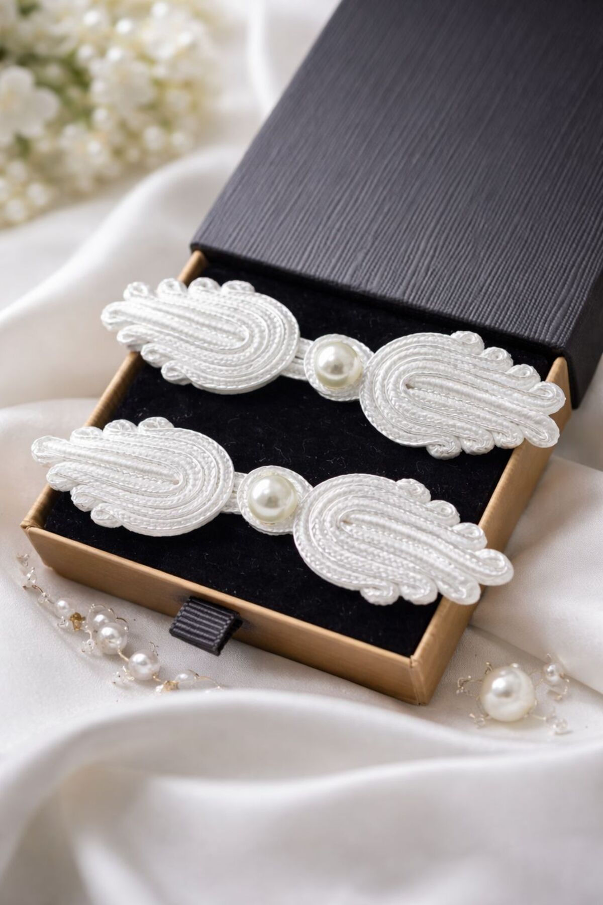 white jacket staple with pearl detail set of 2