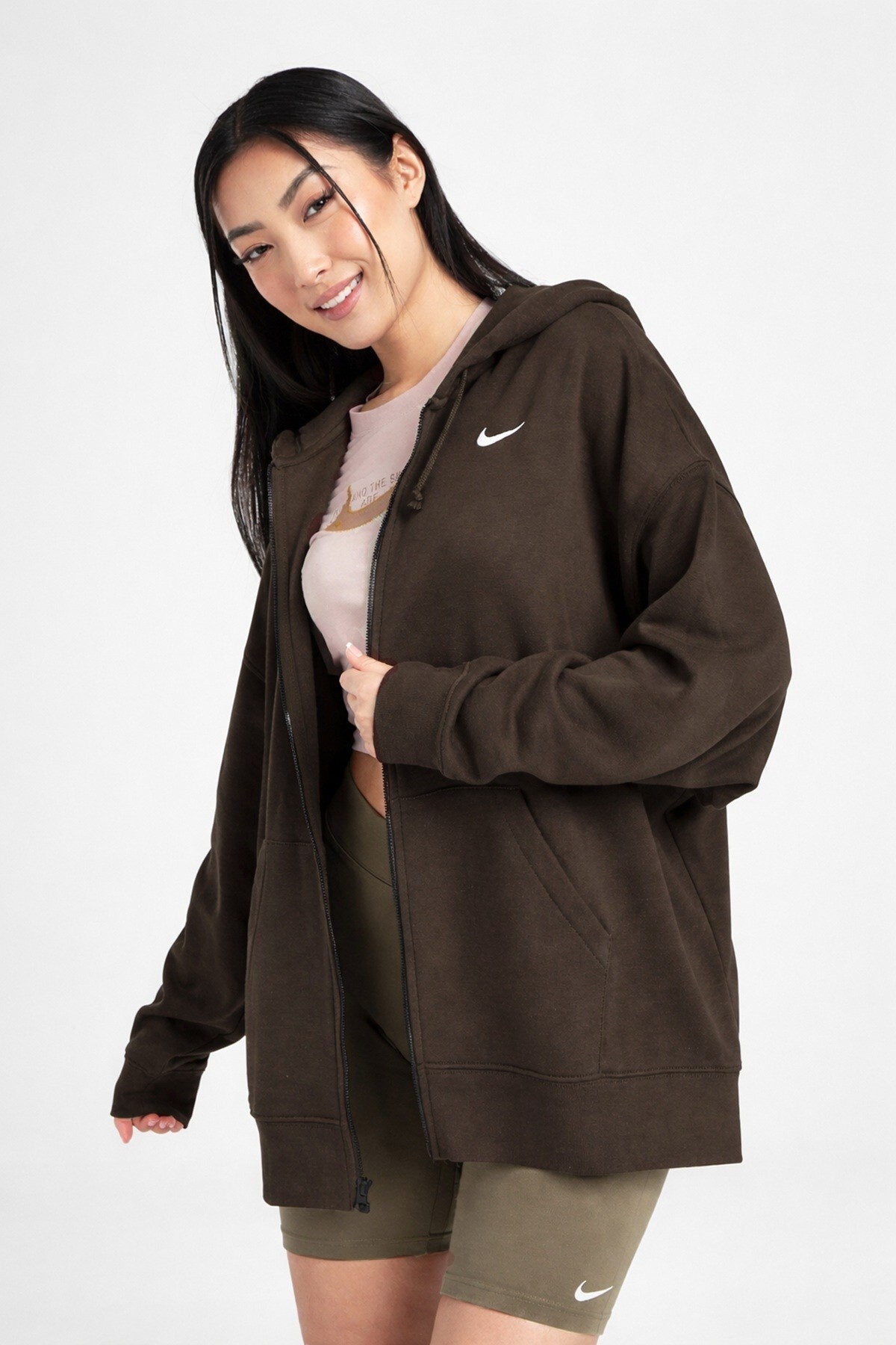 Nike Sportswear Essentials Oversize Fleece Full Zip Hoodie Kadın Oversize Kapüşonlu Sweatshirt Kahve görsel 3