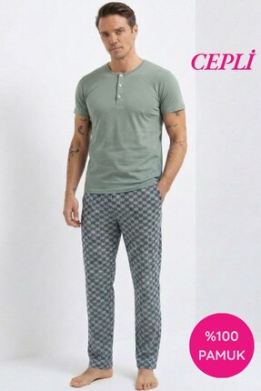 seamlife Erkek Yeşil Çizgi Desenli 3 Düğmeli Bisiklet Yaka %100 Pamuk Penye K...