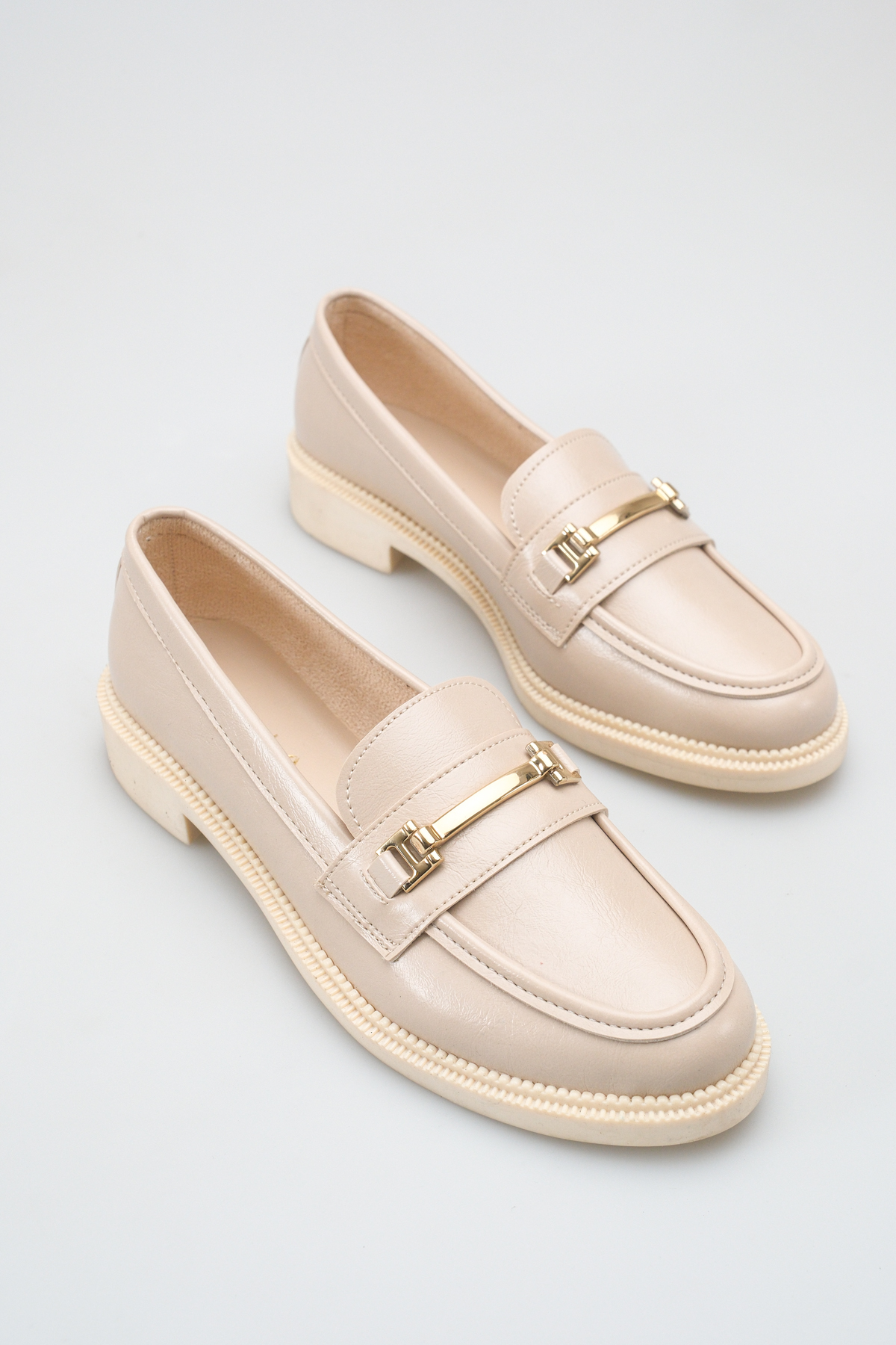 Beige Gold Buckle Thick Sole 3 cm Heel Loafer Comfortable Casual Stylish Women's Shoes
