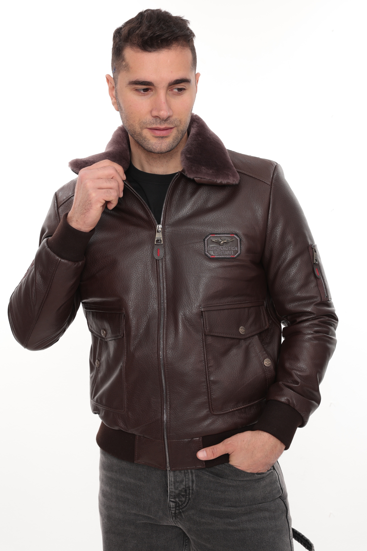 db deriburada original  Erkek Yakası Hakiki Kürklü Pilot Model Hakiki Jumbo Deri Mont - Görsel 3