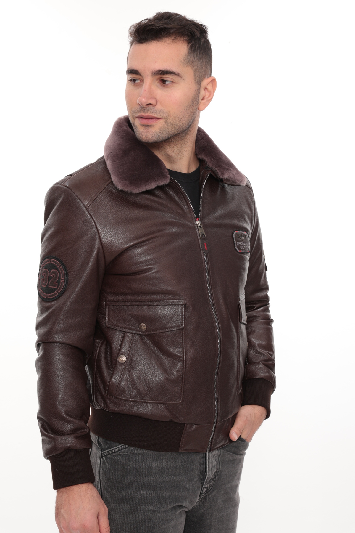 db deriburada original  Erkek Yakası Hakiki Kürklü Pilot Model Hakiki Jumbo Deri Mont - Görsel 4