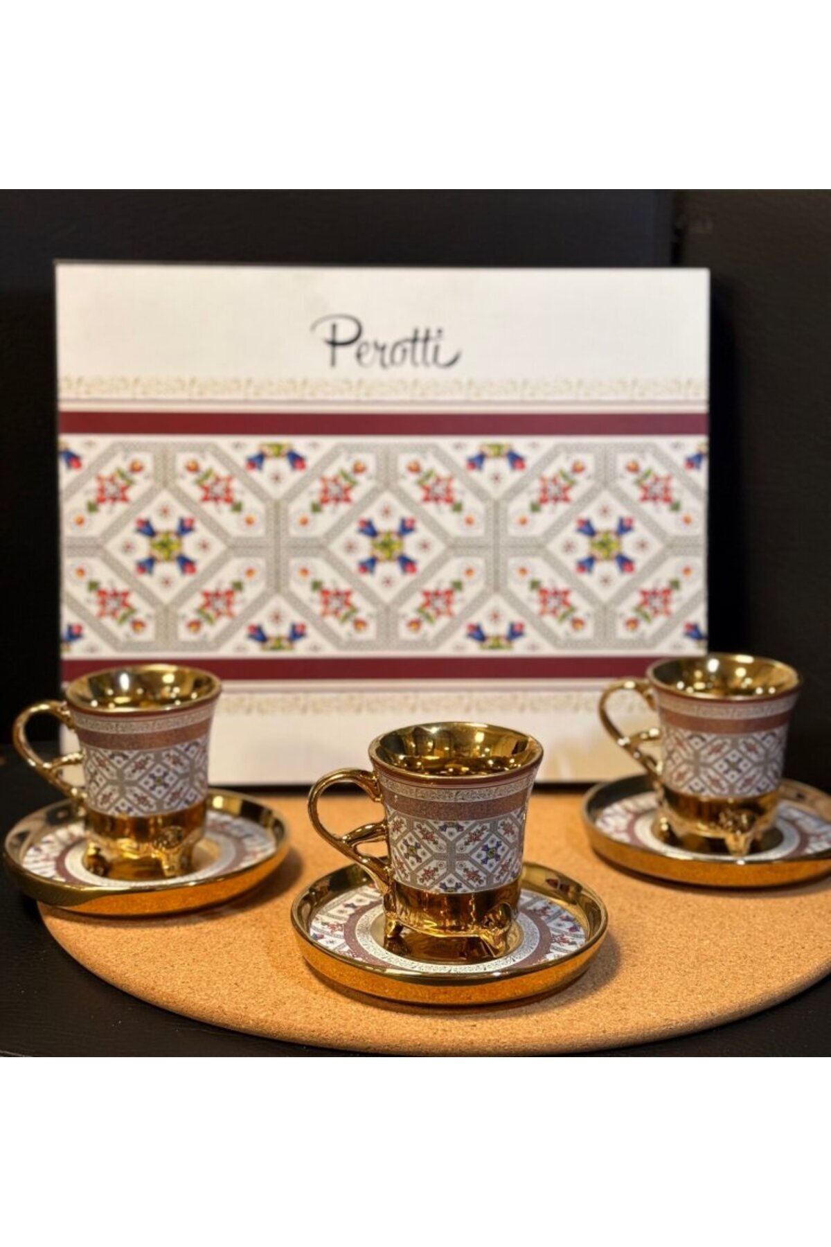 PerottiHome Ayaklı Çini Desenli Fincan İçi Gold British Model 6 Kişilik ...