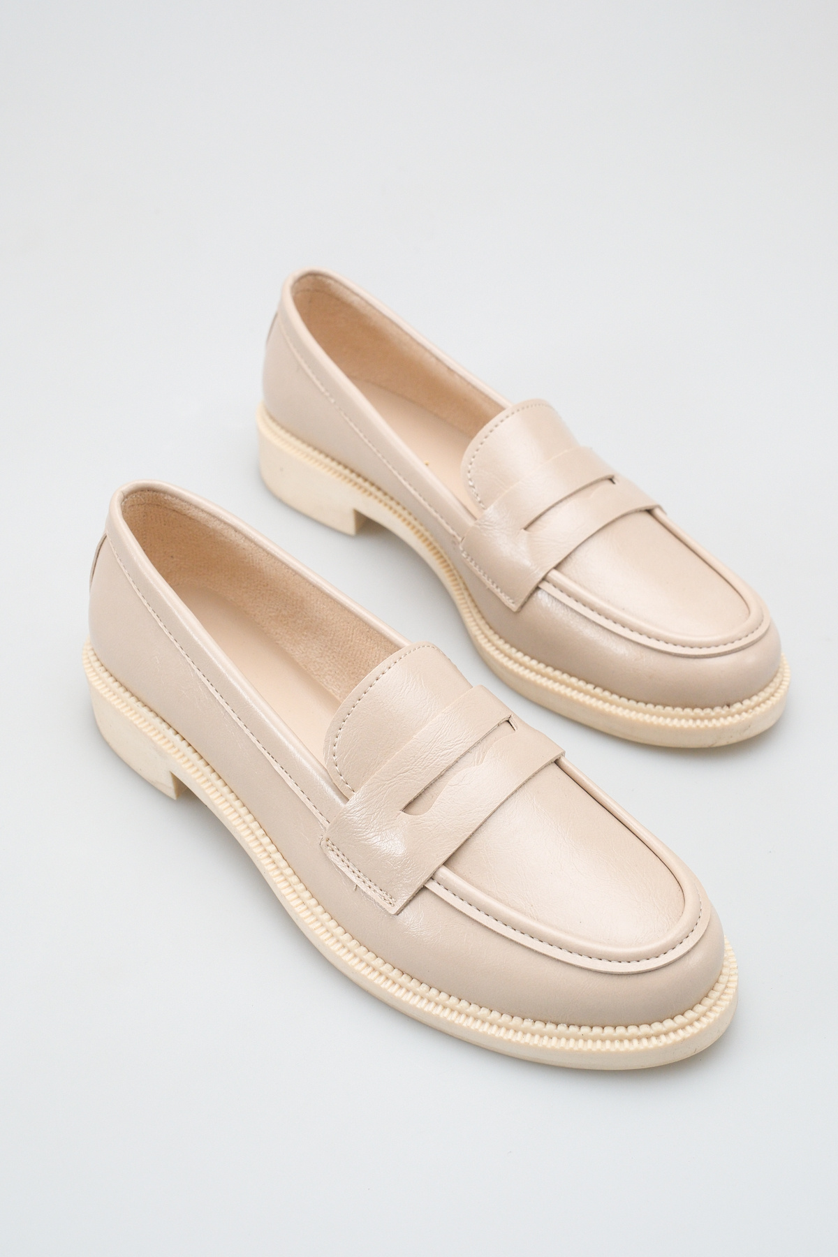 Beige Thick Sole 3cm Heel Classic Loafer Casual Casual Stylish Women's Shoes