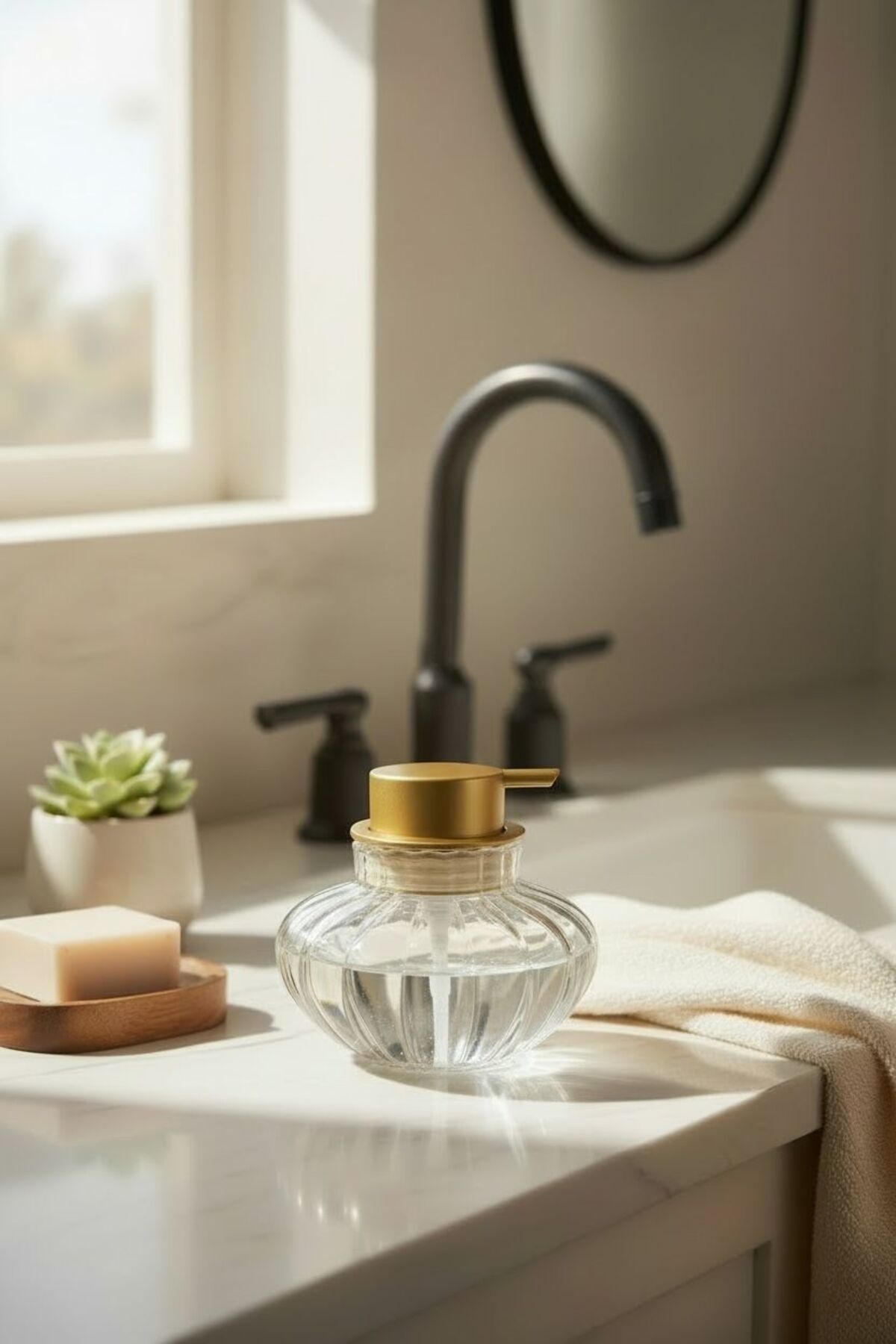Gold Detaylı Borosilikat Cam Sıvı Sabunluk | Şık Banyo ve Mutfak Sabunluğu