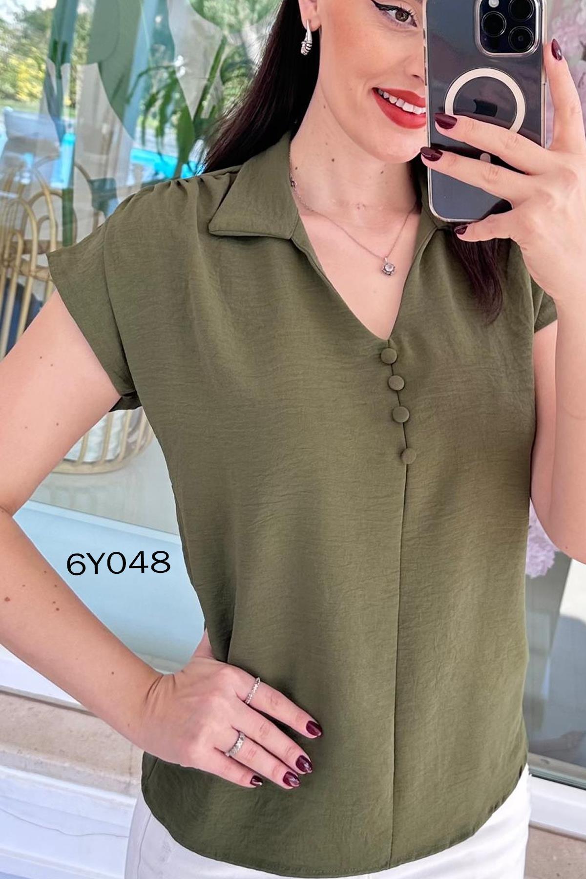 İnce Topuk  Yakası Düğmeli Aerobin Bluz 6Y048 - Görsel 5