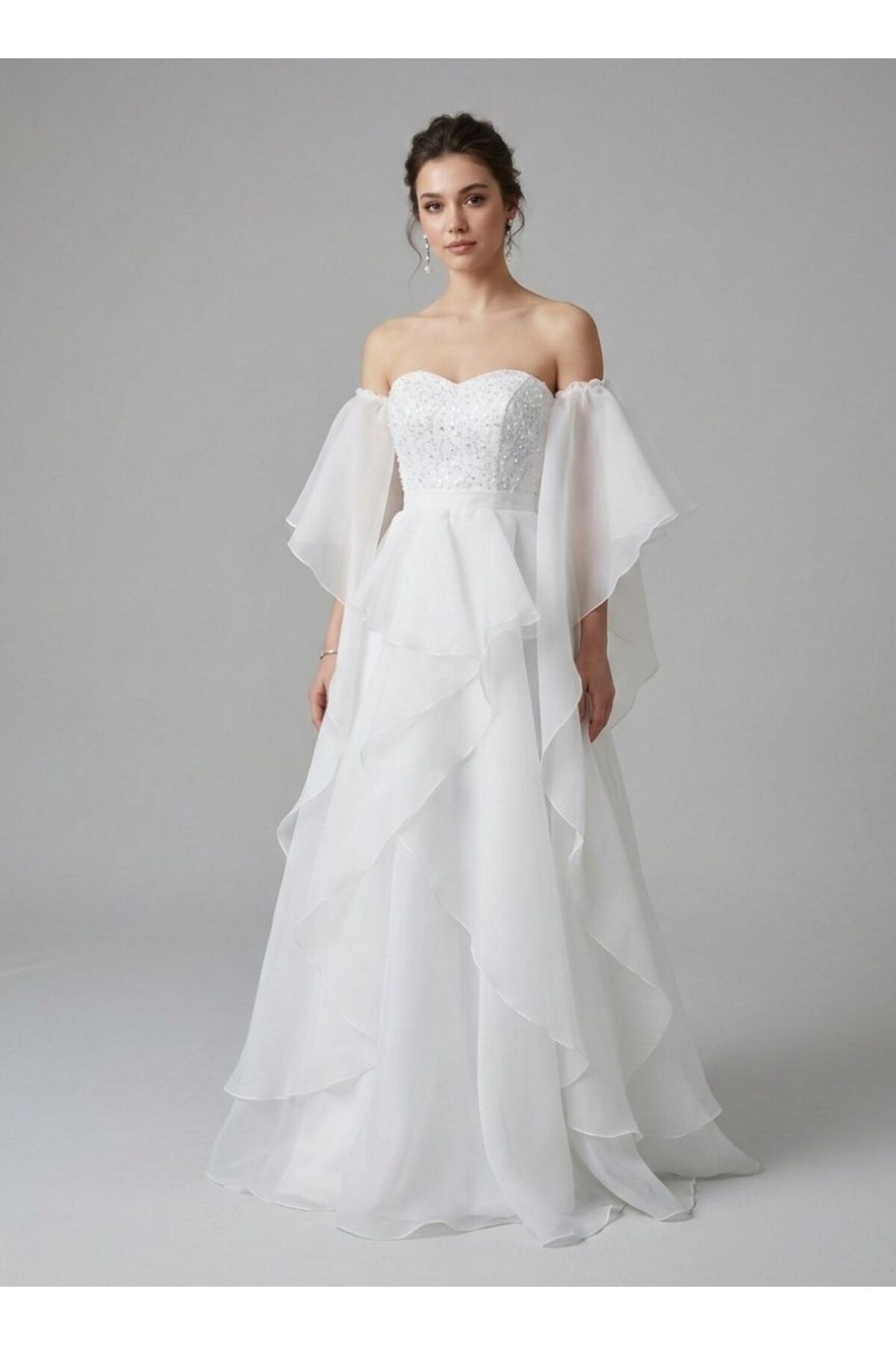 Swimwear Neck Embroidered White Flywheel Sleeve Maxi Dress