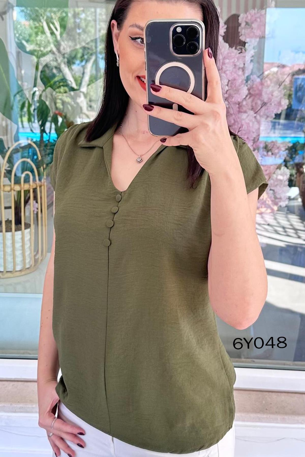 İnce Topuk  Yakası Düğmeli Aerobin Bluz 6Y048 - Görsel 4