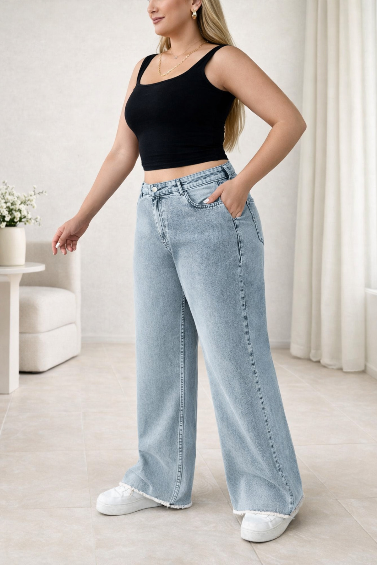 Modanewnice  %100 pamuk, yüksek bel, düz kesim, büyük beden, bebek mavisi kadın kot pantolon - Görsel 4